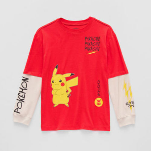 Little & Big Kid Boys Pikachu Crew Neck Long Sleeve Pokeman Graphic T-Shirt
