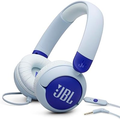 JBL Junior 320 - Wired on-Ear Kids Headphones Safe Sound (<85dB), Built-in mic, Fit for Kids and Customizable with Included Stickers (Blue)