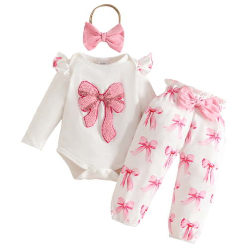 Wxirdiow Toddler Fall Outfits for Girls Baby Girl Valentines Day Outfit Romper Print Pants Headband Newborn Clothes Set Pink Size,9-12 Months