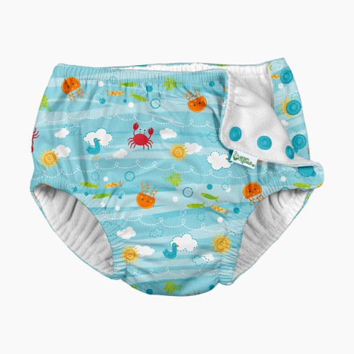 i play by Green Sprouts Snap Reusable Absorbent Swimsuit Diaper - Light Aqua Sea Friends, 0-6 Months