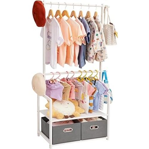 Kids Clothing Rack Bamboo with 2 Storage Baskets and 2 Adjustable Hanging Rods,Child Garment Holder with Shelf, Dress up Stand for Playroom,Toddlers Bedroom (White)