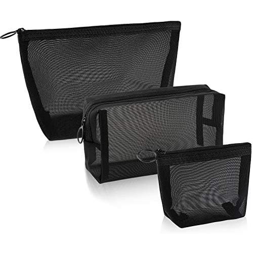 Boao 3 Pieces Mesh Cosmetic Bag Mesh Makeup Bags Zipper Pouch for Offices Travel Accessories, 3 Sizes(Black)