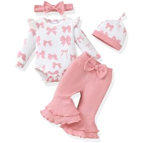 Renotemy Preemie Newborn Baby Girl Clothes Infant Romper Fall Winter Outfits Gifts for Girls Cute Bell Bottoms Pant Sets