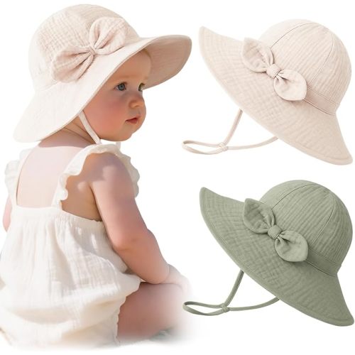Konssy Muslin Baby Sun Hat 2-Pack, UPF 50+ Sun Protection Wide Brim Summer Beach Hat, Bucket Hat for Girls and Boys