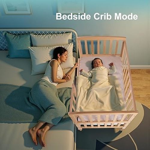 Portable Mini Baby Crib - Convertible Baby Cribs with Soft Foam Mattress(38 * 24") & Breathable Liner,3 Heights(21",16",12") Bedside Bassinet Crib Sleeper,Lockable Wheels,Unpainted