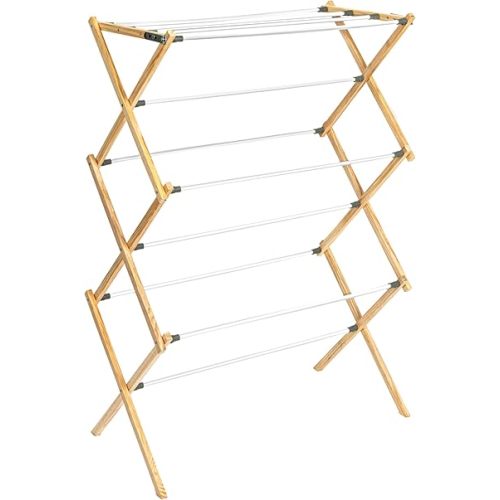 Household Essentials X-Frame Clothes Drying Rack, Stabile Wood Frame with Slanted Feet, Smooth Vinyl Wrapped Rods, 23.8 Feet of Hanging Space, Ready to Assemble, Flat Top, Natural