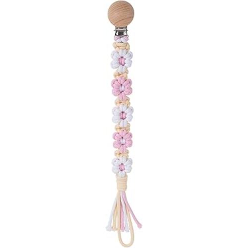 Pacifier Clip for Boys Girls Floral Daisy Macrame Baby Paci Clip Pacifier Holder Leash Boho Wooden Clips Handmade Braided Cotton Binky Clips (1pack:Pink Daisy B)