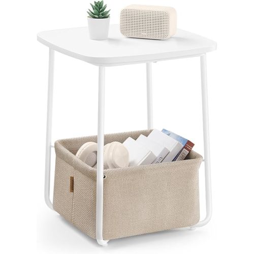 VASAGLE End Table, Side Table with Fabric Basket, Modern Nightstand, Square Bedside Table, for Living Room, Bedroom, Matte White and Camel Brown ULET229W10