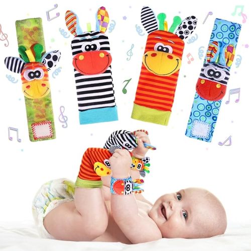 PADONISE Wrist Rattle Foot Finder Socks Set for Baby Arm Hand Rattle Feet Leg Ankle Socks Newborn Soft Sensory Toys Baby Socks Newborn Rattles Toys Valentines Gift 0-3 6-12 Months Infant Girl Boy