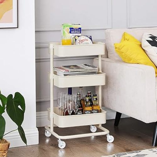 SONGMICS 3-Tier Metal Rolling Cart, Utility Cart, Kitchen Cart with Adjustable Shelves, Storage Trolley with 2 Brakes, Easy Assembly, for Kitchen, Office, Bathroom, Beige UBSC60WT