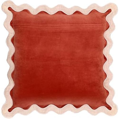 Tov Furniture Scalloped Edge Cream and Rust Cotton Velvet Throw Pillow