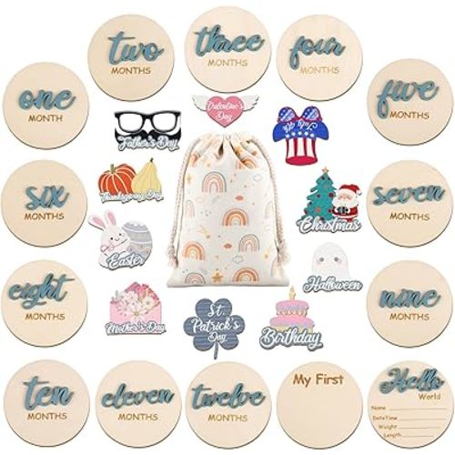 3D Baby Monthly Milestone Signs, Baby Announcement Sign Double Sided Hello World Newborn Signs Wooden Circles Discs for Newborn to 12 Months Tracking, Nursery Decor, Baby Shower Gift (Slate Blue)