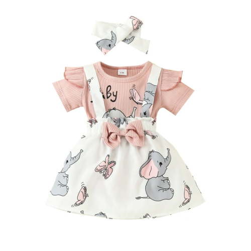 Newborn Baby Girl Clothes Set Elephant Print Short Sleeve Romper Suspender Bib Skirts Headband 3Pcs Summer Outfits
