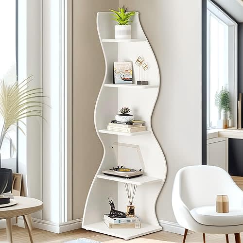 NicBex Corner Shelf Modern 5-Tier Corner Bookshelf 72 Inch Tall Corner Shelf Small Storage Bookcase with Seagrass-Inspired Style Wood Corner Bookcase for Living Room, Bedroom, Study, White
