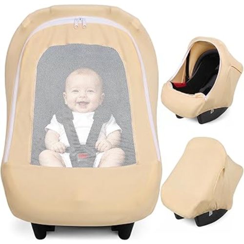 Metplus Car Seat Cover, Breathable Mesh Window Infant Carseat Canopy for Baby Boys & Girls, Summer Stroller Sun Shade Net for Airflow & Privacy, Stretchy Universal Fit (Cereal)