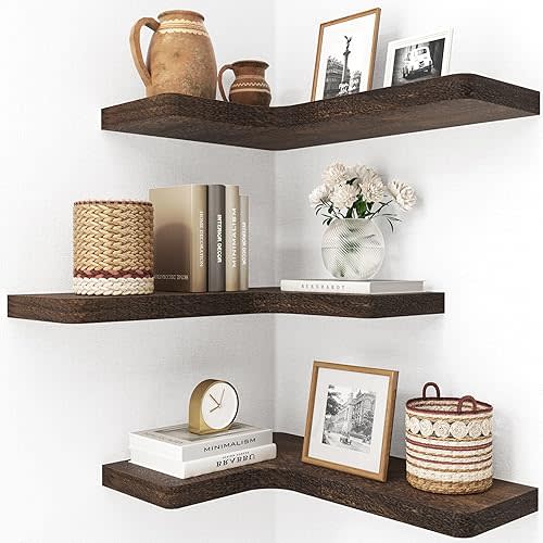 fuqing Floating Corner Shelves, Wall Shelf Set of 3, Shelves for Wall Storage, Solid Wood Shelves for Storage, Wall Mount Wooden Display Shelf for Bathroom Bedroom Kitchen Garage, Rustic Brown