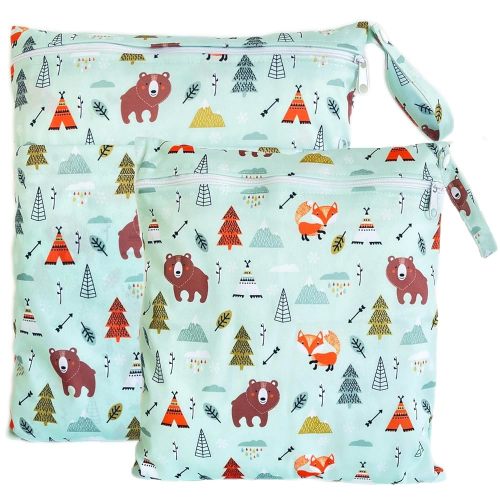 Wet Dry Bag for Cloth Diapers, 2PCS Waterproof Reusable Wet Bag with Zippered Pockets, Washable, Reusable for Travel, Beach, Pool, Stroller, Diapers, Dirty Gym Clothes, Swimsuits, 14x12In & 12x11In