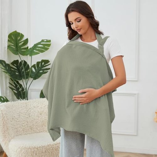 Nursing Cover for Baby Breastfeeding with Rigid Hoop, Breathable Soft 100% Muslin Cotton, Baby Breast Feeding & Pumping Apron, Multi Use Baby Car Seat Stroller Cover (Light Green)