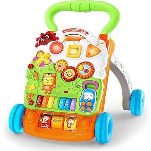 YOLAY Baby Walker Push Toy with Wheels, Sit-to-Stand Walker for Baby Boy and Girl 6-12 Months with Detachable Play Panel, Stable Handle, Early Learning Activity for Kids - Green