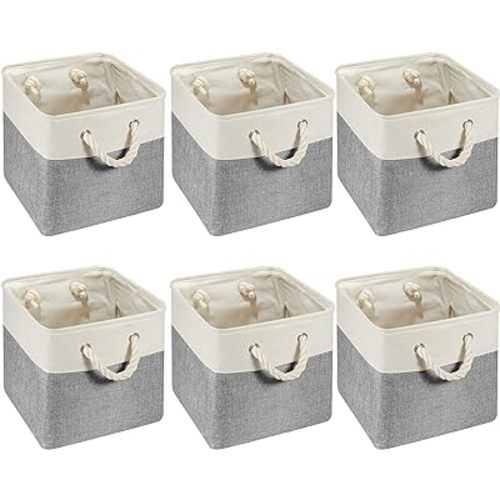 6 Pieces Cube Storage Bins Small Foldable Storage Cube Baskets with Sturdy Carry Handles, Nursery (Gray and White, 11 x 11 Inch)