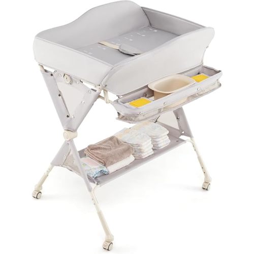 INFANS Baby Changing Table with Wheels, Portable Folding Diaper Station Nursery Organizer with Storage Basket, Hanging Rack, Adjustable Height, Safety Belt for Newborn Infant (Light Gray)