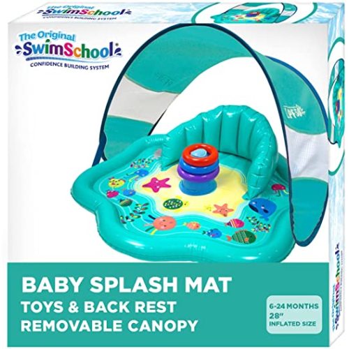 SwimSchool Baby Splash Play Mat with Adjustable Canopy – Inflatable Play Pool for Babies & Infants with Backrest – Includes Baby Water Toy Rings
