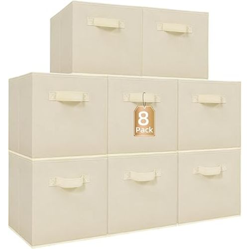 STORAGE MANIAC Storage Cubes, 11 Inch Collapsible Storage Bins with Handles, 8 Pack Fabric Foldable Bins for Organization, Durable Storage Bins for Closet, Shelves, Offices, Toys, 8-Pack Beige