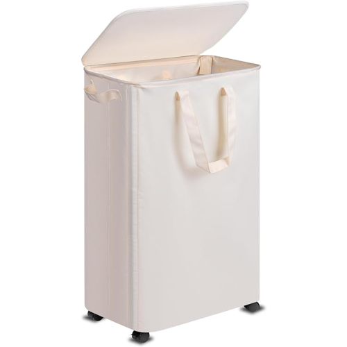 Slim Laundry Hamper with Lid and Wheels, Small Rolling Laundry Basket with Handle for Small Spaces, Tall Dirty Clothes Hampers for Dorm, Bathroom and Bedroom, 75L, Beige