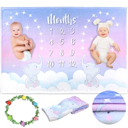 KEMINA BLANKETS Twin Milestone Blanket – Gender Neutral Milestone Blanket for Boys & Girls, Elephant-Themed Baby Shower Blanket, Monthly Baby Milestones Blanket for Twins