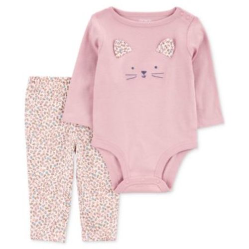 Baby Girls Cotton Cat Bodysuit & Printed Pants, 2 Piece Set