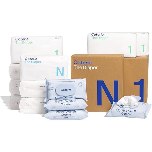 Coterie Baby Wipes + Diapers Kit, Size 1 (198 Count) & Size Newborn Diapers (93 Count), 4 Pack (224) Wipes with 99% Water, Plant Based Materials, Hypoallergenic for Sensitive Skin, Baby Essentials