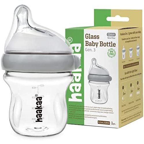 haakaa Natural Glass Baby Bottles for Breastfeeding, Anti-Colic, Wide Neck, BPA Free (4oz/120ml, 0+ Months, 1 pc)