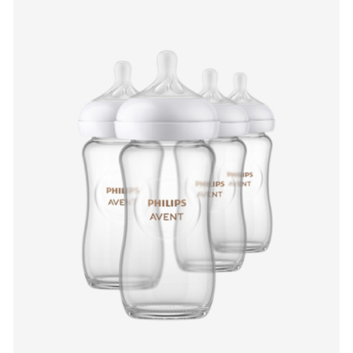 Philips Avent Natural Glass Baby Bottles with Natural Response Nipples (Medium Flow, Flow 3), 8oz, 4-Pack, SCY913/04