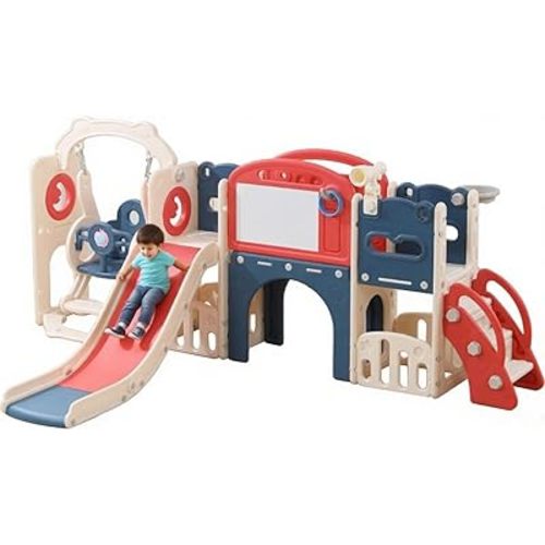 12 in 1 Toddler Outdoor Playset with Swing, Indoor Swing and Slide Set Playground for Toddlers 1-3, Durable Climber Basketball Hoop Ball Toddler Indoor Playset for Home Playground - Red Blue