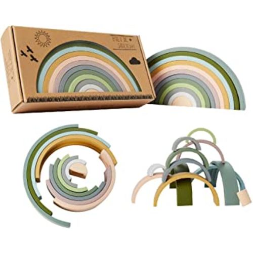 Billie + Squish Silicone Rainbow Stacking Toy - Largest on Market 12 Layer Montessori Toys for Toddlers Stacker Learning and Development Toy - Boho Baby Color