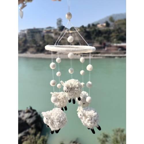 Handmade Felt + Wool Sheep Mobile, Decoration Ornament, Counting sheep, Nursery Baby Shower, Animal Farm, Cute Wooly Sheep