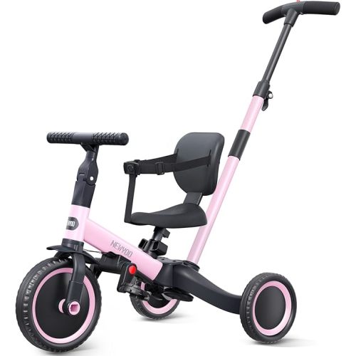 newyoo Toddler Tricycle,Toddler Bike,Birthday Gifts and Toys for 1-3 Year Old Boys and Girls, Trike with Push Handle, Backrest and Safety Belt, Balance Bike, TR007, Pink