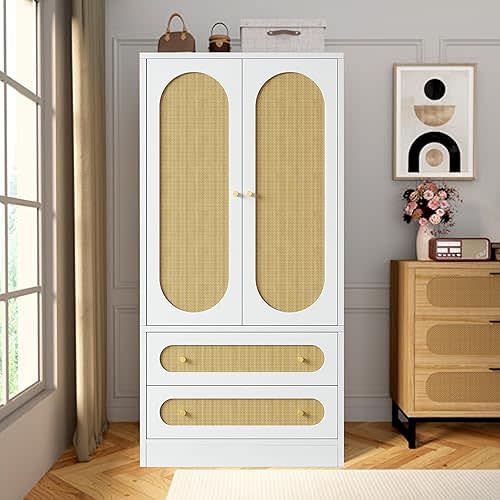 White Armoire Wardrobe Closet with Drawers, Rattan Wardrobe Cabinet with 2 Wood Door & Hanging Rail, Armoire Wardrobe Closet for Bedroom, Gym, Cloak Room