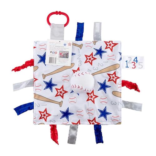 Baby Jack & Co. Sensory, Educational & Closed Ribbon Tag Lovey Blanket with Security Plush: 10"X10" (Baseball)