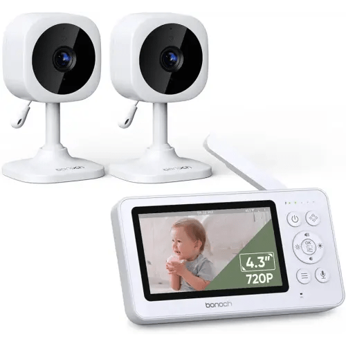 bonoch 4.3" Baby Monitor with 2 Cameras, 720p Spilt Screen Baby Monitor with Camera and Audio, 23hour Battery, Video Baby Monitor No WiFi, VOX Mode, 2 Way Audio, Auto Night Vision, 2X, 3X, 4X Zoom