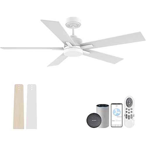 52” Smart Ceiling Fan with Lights Remote,Voice Control via Alexa Google WIFI App,Ultra Quiet DC Motor,Outdoor Indoor Modern Ceiling Fans,6-Speed for Bedroom Patio Porch,White and Wood Color