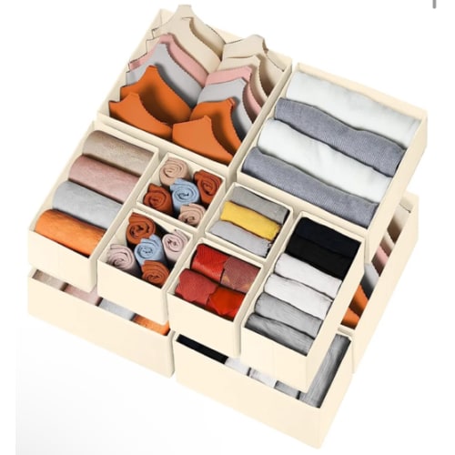 Criusia Drawer Organizer Clothes 12 Pack, Dresser Organizer for Nursery Bedroom Closet Organization and Storage - Baby Clothes Organizer Bins - Drawer Divider for Sock Underwear Bra Ties (Beige)