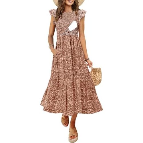 Women's Nursing Dress Flutter Short Sleeve Crew Neck Smocked Elastic Waist Tiered Midi with Pockets