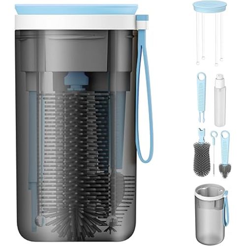 YOTIME Travel Baby Bottle Brush Set with Extendable Silicone Bottle Brush, Nipple Brush, Magnetic Baby Bottle Drying Rack, Straw Cleaner Brush, Baby Bottle Soap Dispenser, Blue