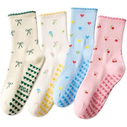 Jspupifip 4 Pairs Cute Pilates Grippy Socks for Women, Ruffle, Non-Slip