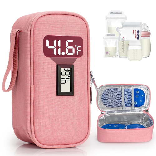 SUNMON Breast Milk Cooler Travel Bag, Real-Time Temperature Display, Holds 4-6 Breastmilk Storage Bag with 2 Breast Milk Ice Pack, Cooling & Waterproof Portable Cooler for Moms on The Go(Pink)