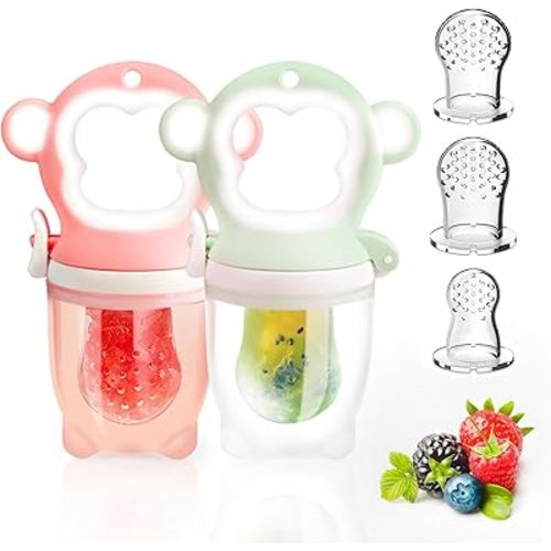Baby Solids/Frozen Fruit Feeder Pacifier, Infant Teether Toy 4M+, BPA-Free Silicone Pouch & Nipple, Safely Introduce Solids, Teething Relief, 2-Pack - Mint/Pink (Monkey)