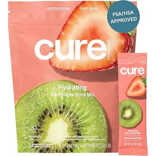 Cure Hydration | Plant-Based Electrolyte Drink Mix | No Added Sugar | FSA & HSA | Dehydration Relief Powder Made with Coconut Water | Non-GMO | Vegan | Pouch of 14 Packets - Strawberry Kiwi