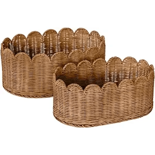 BEBE BASK Premium Scalloped Basket Set Of 2 - Scallop Basket - 16 x 10 x 7 Inch - Hand-Woven Elegant Wicker With Scalloped Edge - Nursery Storage (Mocca)