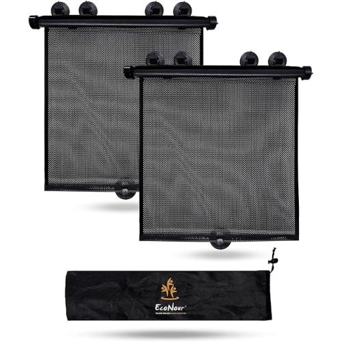 EcoNour Car Side Window Sun Shade (2 Pack) | Retractable Roller Sunshade for Kids | Baby Car Window Shades for UV and Sun Glare Protection | Baby Travel Accessories (15"x17")